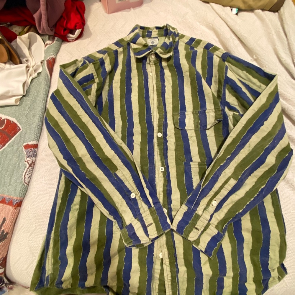 18East hand woven and dyed in India Striped Green and Blue Casual Button Down